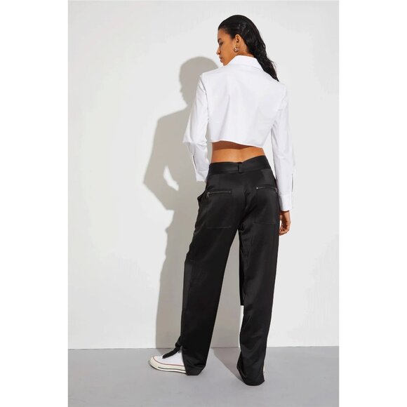 Saint Art Courtney Mid Rise Charmeuse Pant - Black Loose Fit Satin Cargo Pants - Picture 13 of 14